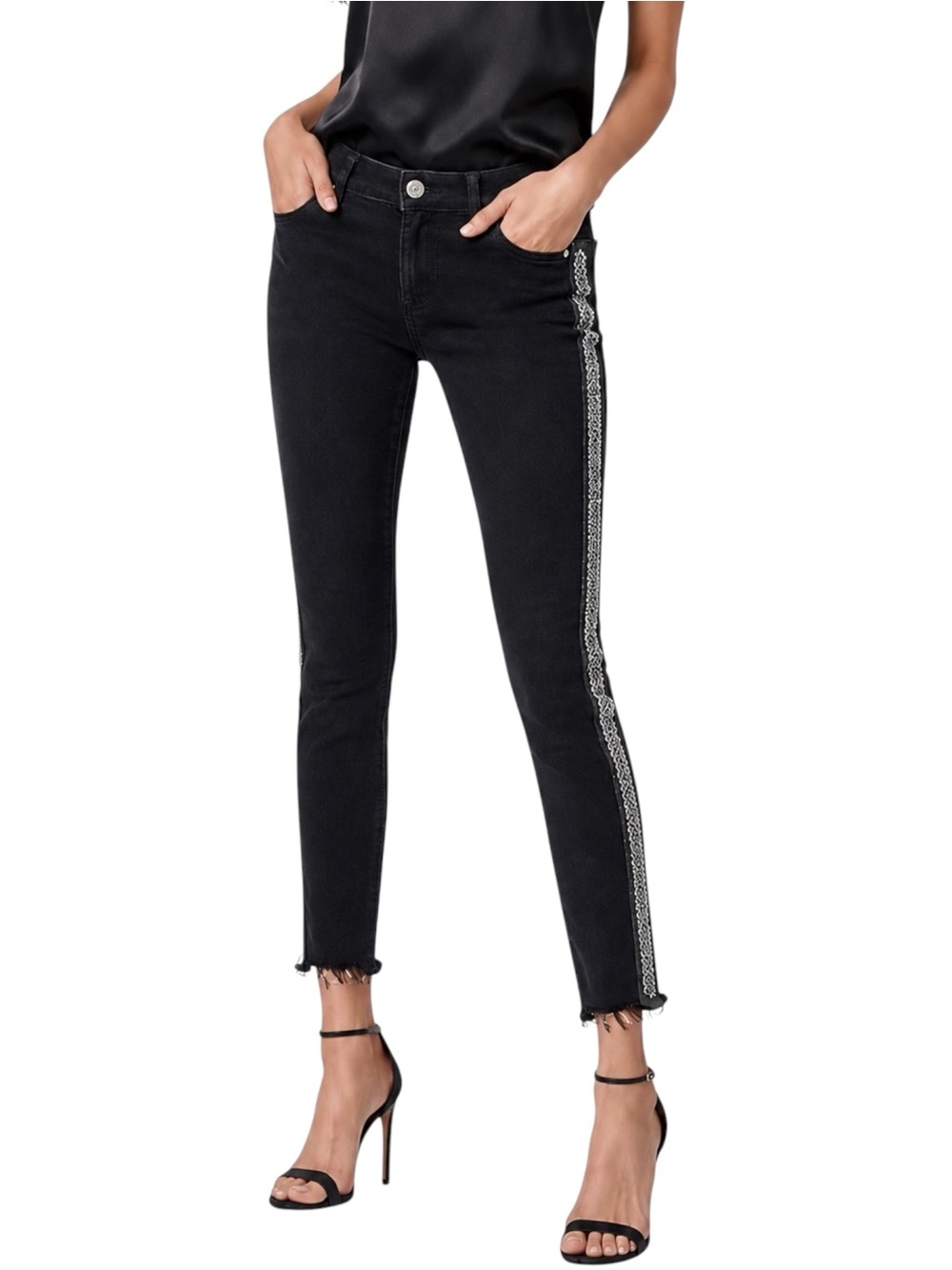 LOFT Ann Taylor Black Beaded Midrise Cropped Modern Skinny Jean US 0